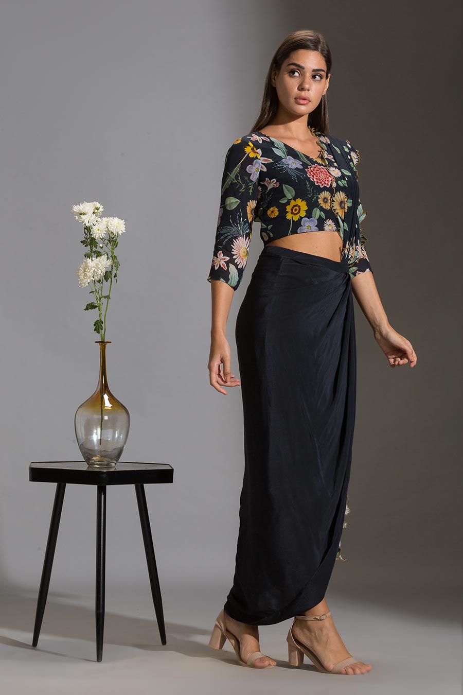 Navy Blue Drape Saree Skirt & Blouse Set
