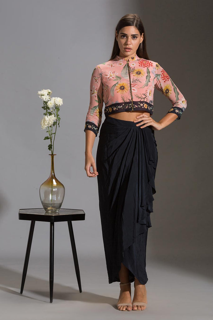 Shop Pink Jacket Top Navy Dhoti Skirt Set by SOUP BY SOUGAT PAUL