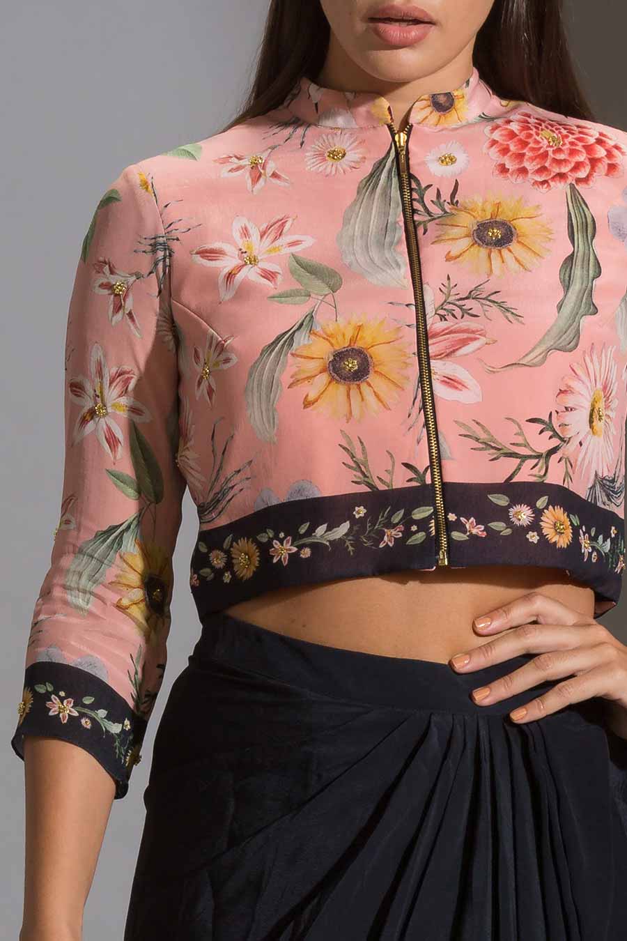 Pink Jacket Top & Navy Dhoti Skirt Set