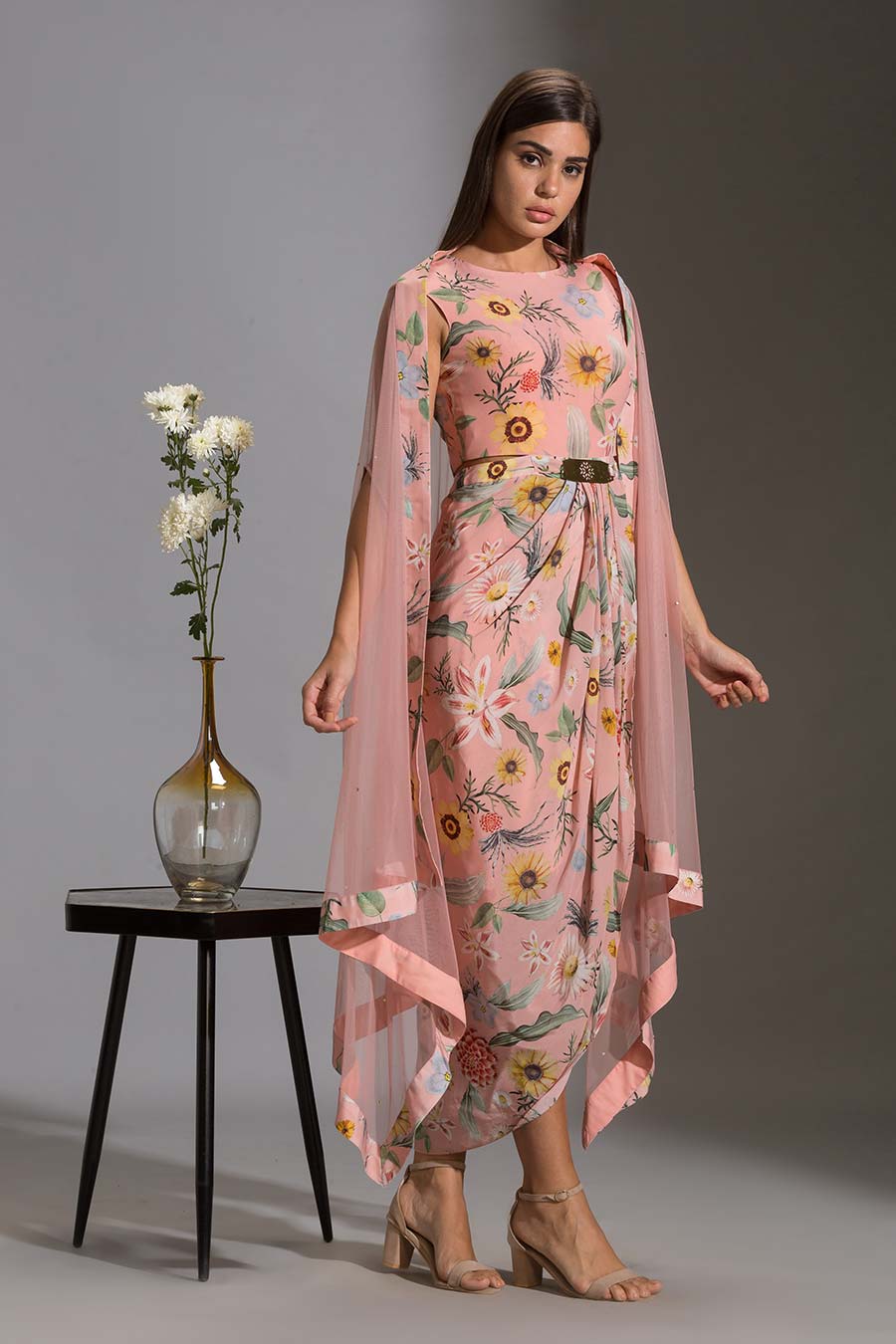 Pink Floral Drape Dress & Cape Set