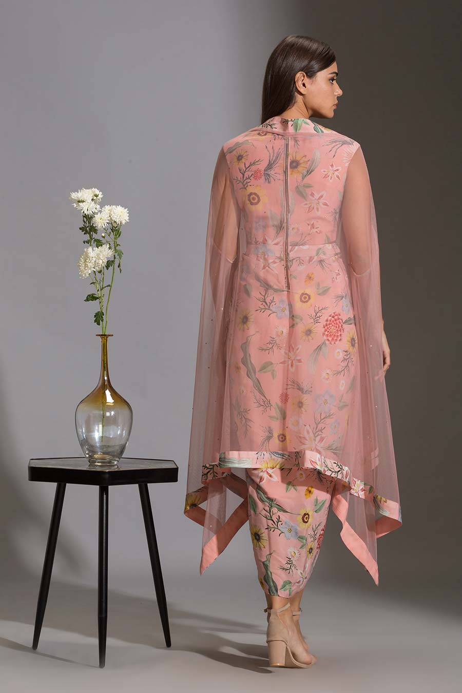 Pink Floral Drape Dress & Cape Set