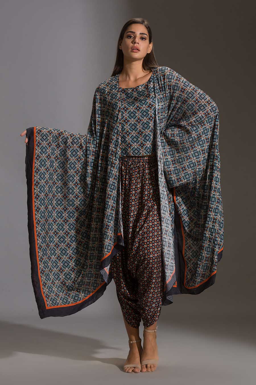 Blue Top & Dhoti Pant Set With Cape