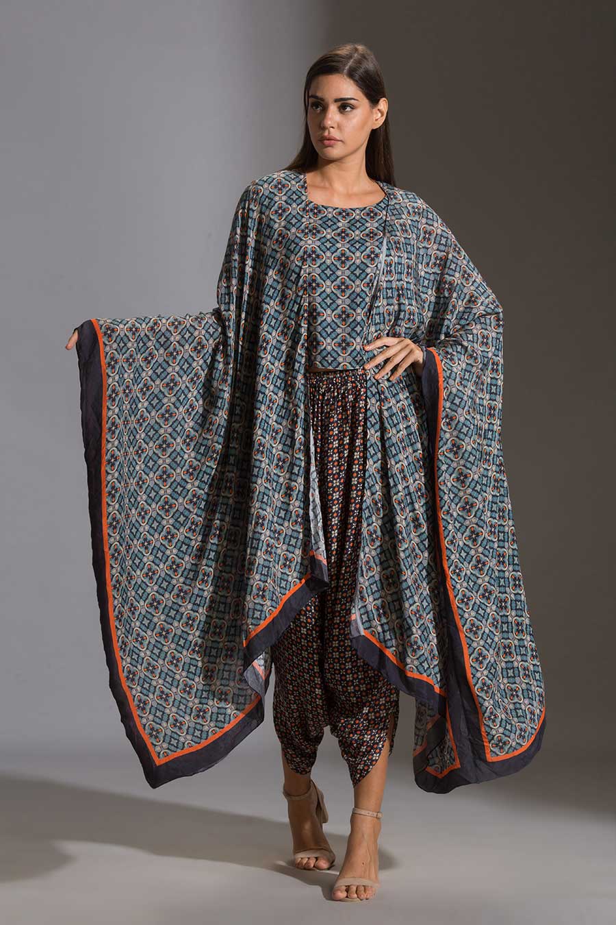 Blue Top & Dhoti Pant Set With Cape