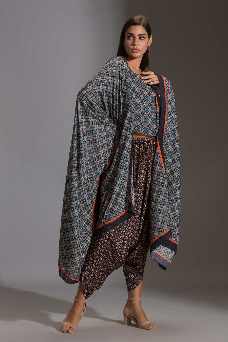 Blue Top & Dhoti Pant Set With Cape