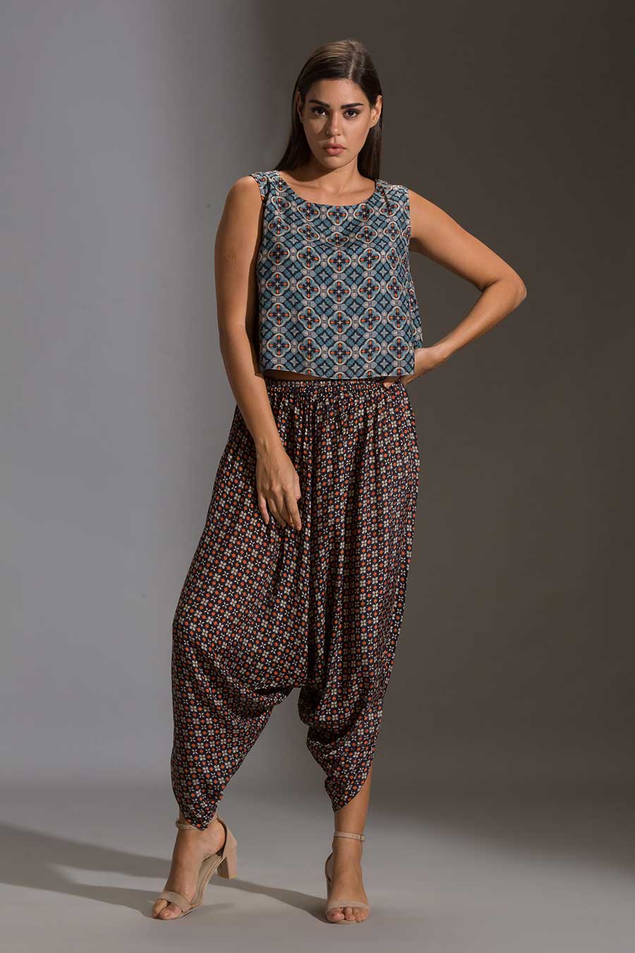 Blue Top & Dhoti Pant Set With Cape