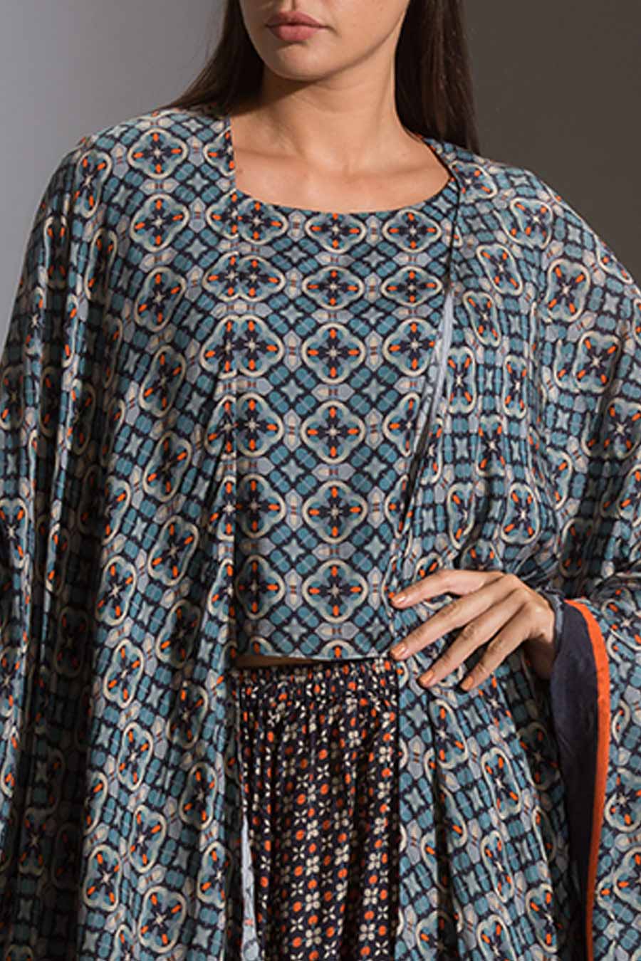 Blue Top & Dhoti Pant Set With Cape