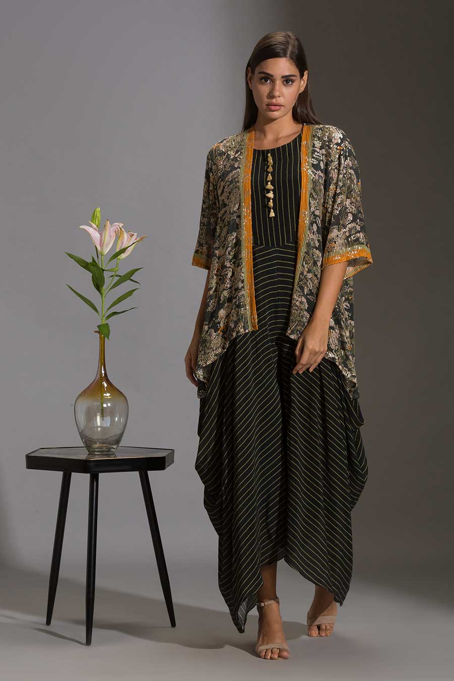 Printed Dhoti Jumpsuit & Sequin Jacket Set