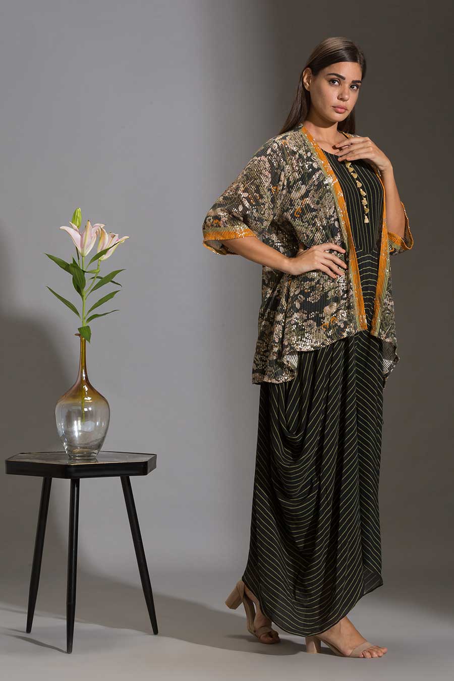 Printed Dhoti Jumpsuit & Sequin Jacket Set
