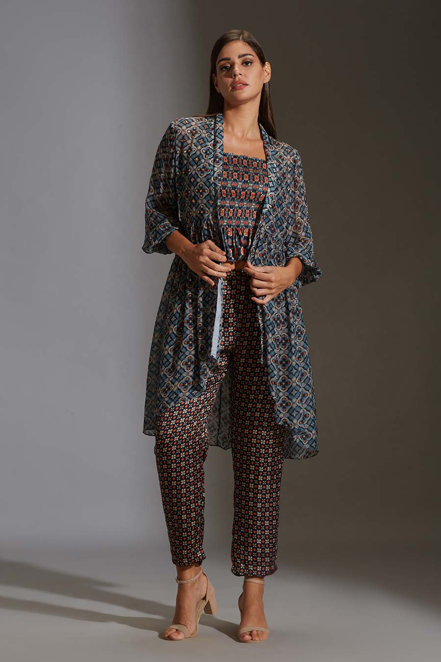 Blue Printed Top & Pant Set With Jacket