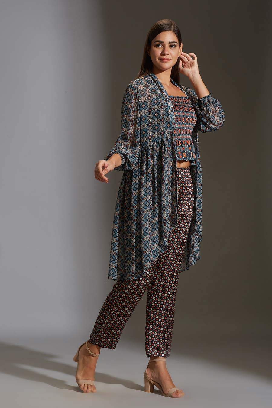 Blue Printed Top & Pant Set With Jacket