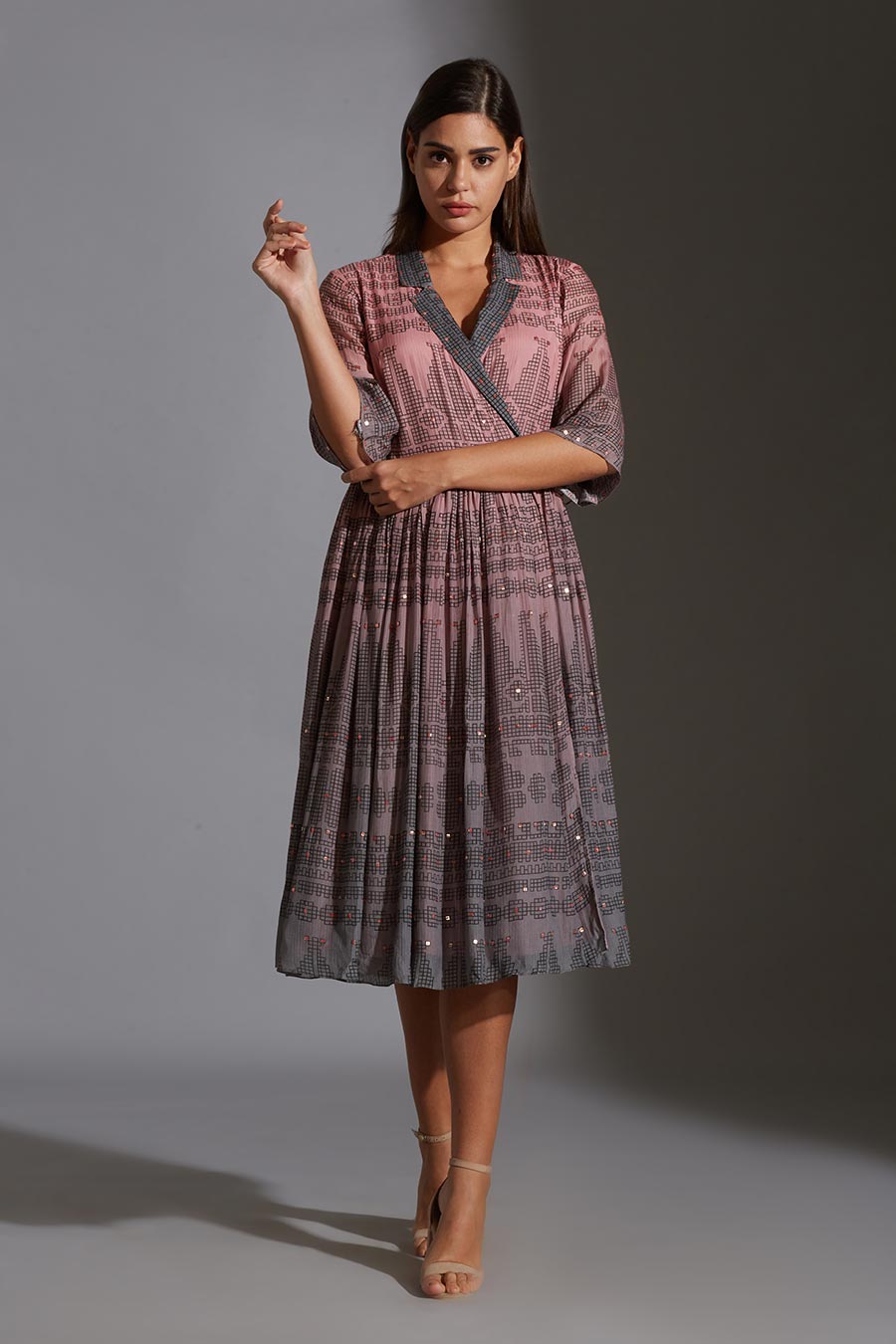 Pink & Grey Wrap Midi Dress