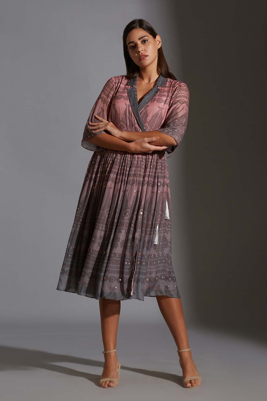 Pink & Grey Wrap Midi Dress