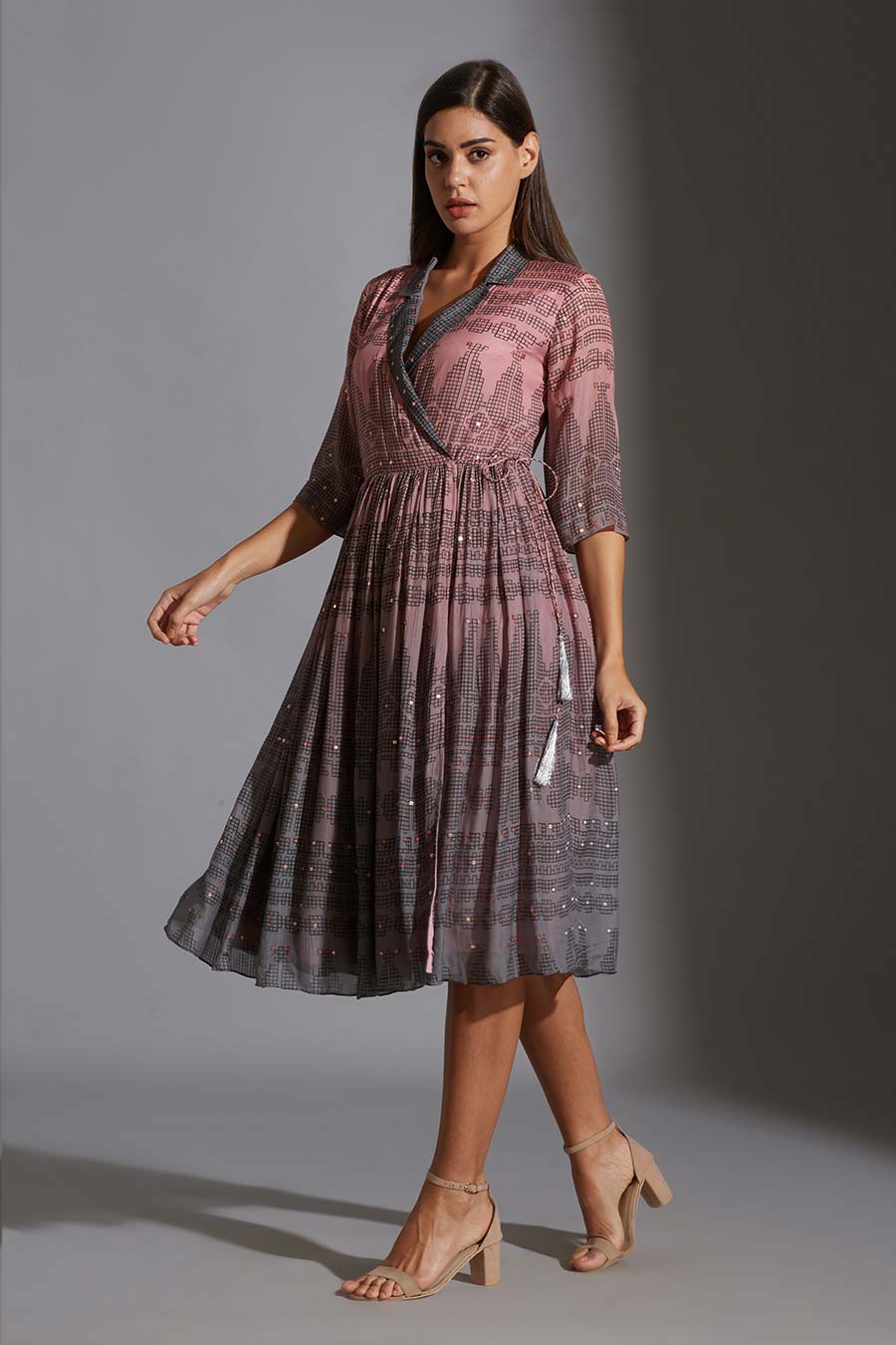 Pink & Grey Wrap Midi Dress