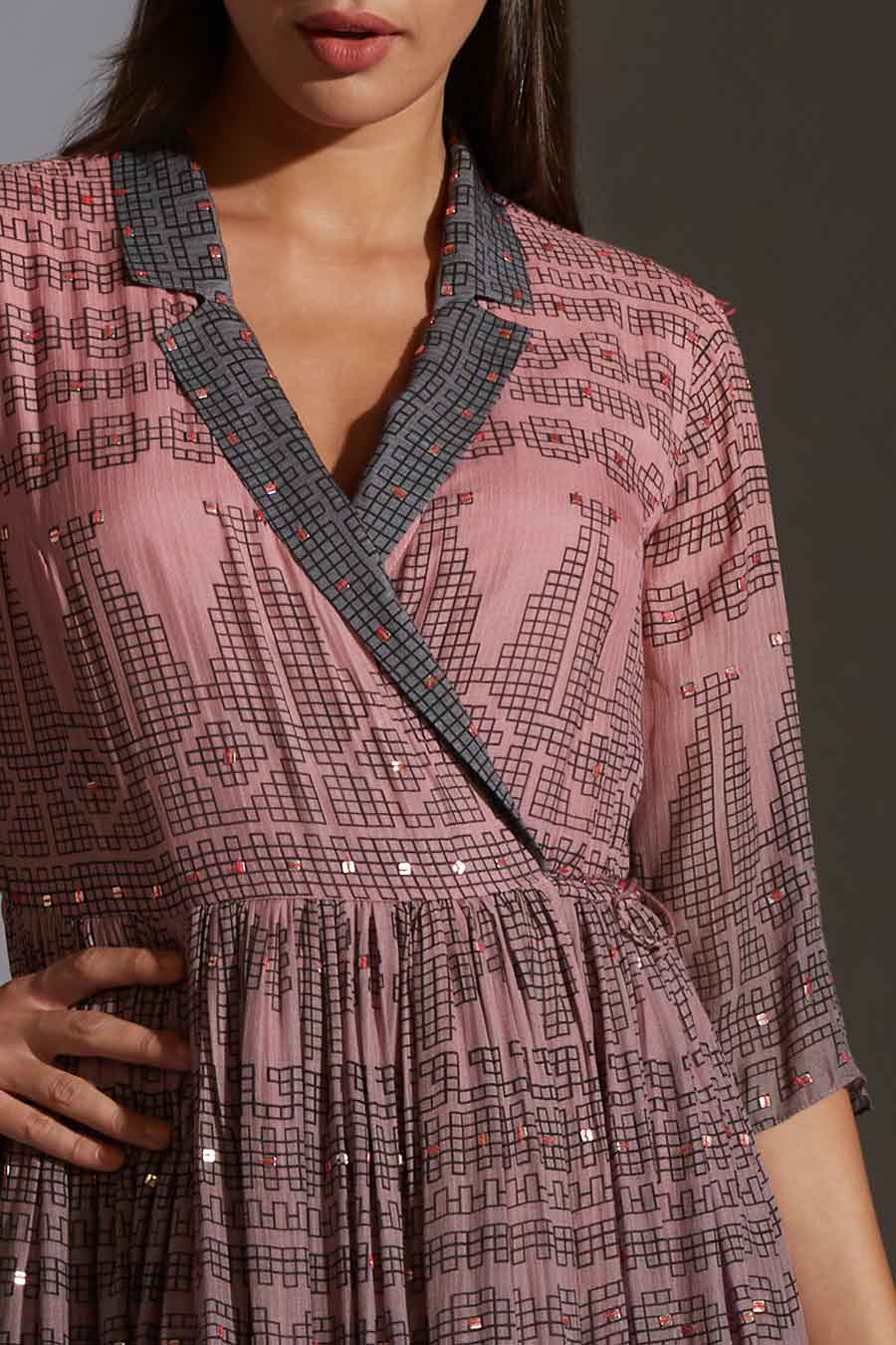 Pink & Grey Wrap Midi Dress