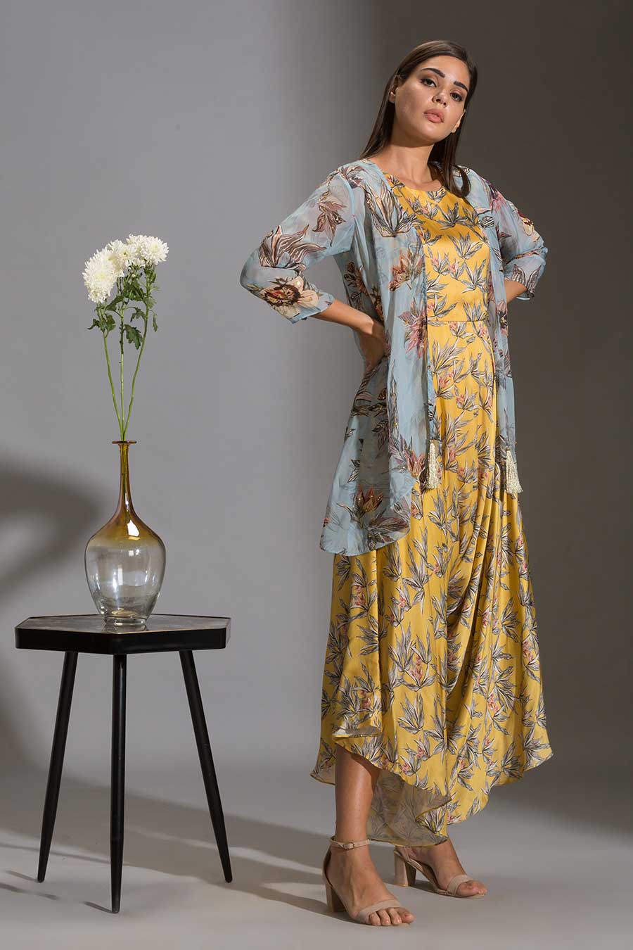 Floral Print Dhoti Jumpsuit & Jacket Set