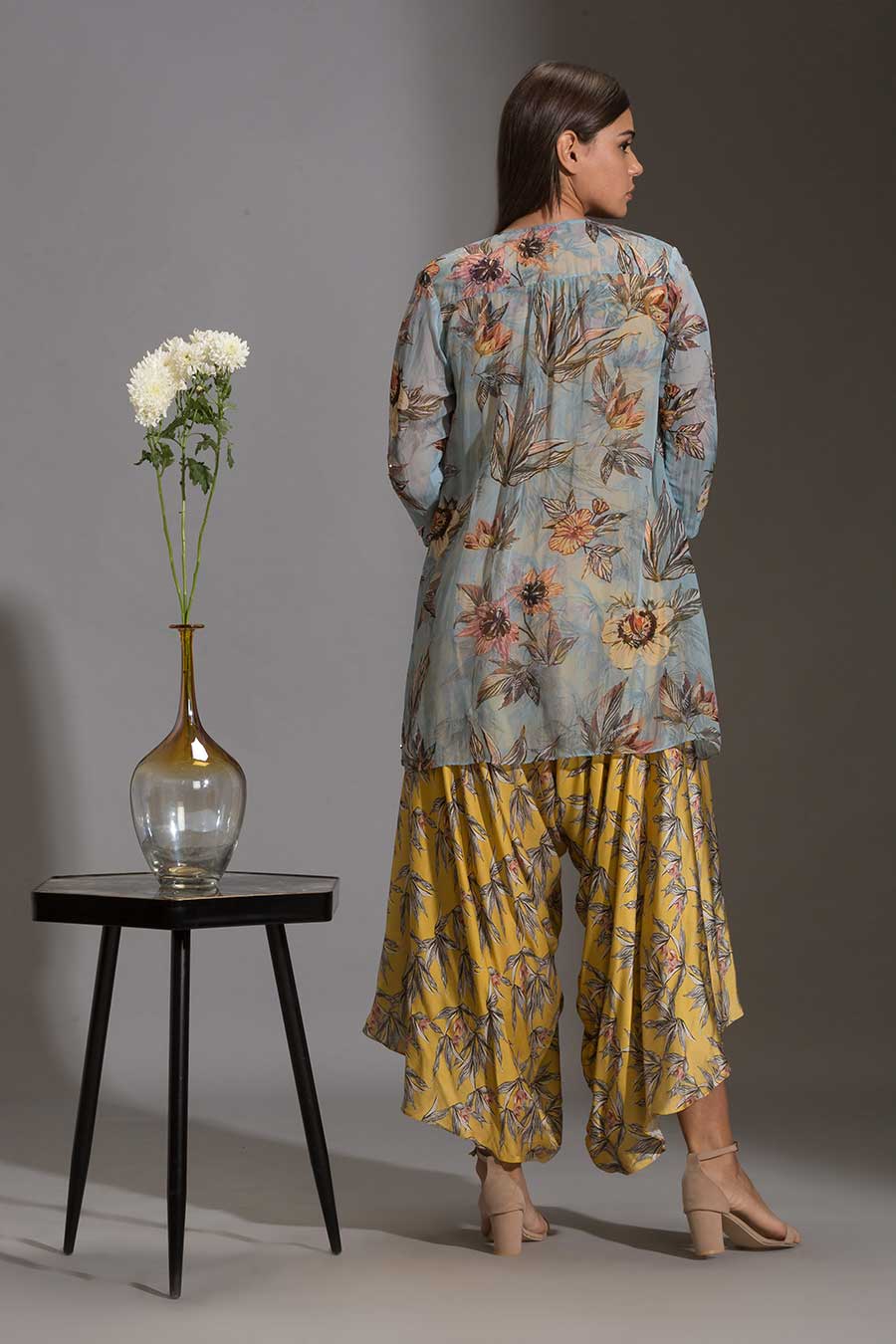 Floral Print Dhoti Jumpsuit & Jacket Set