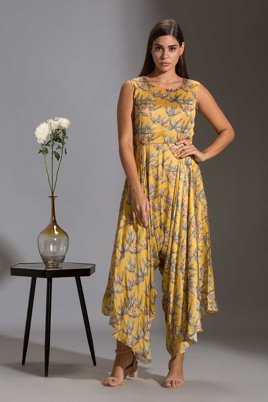 Floral Print Dhoti Jumpsuit & Jacket Set