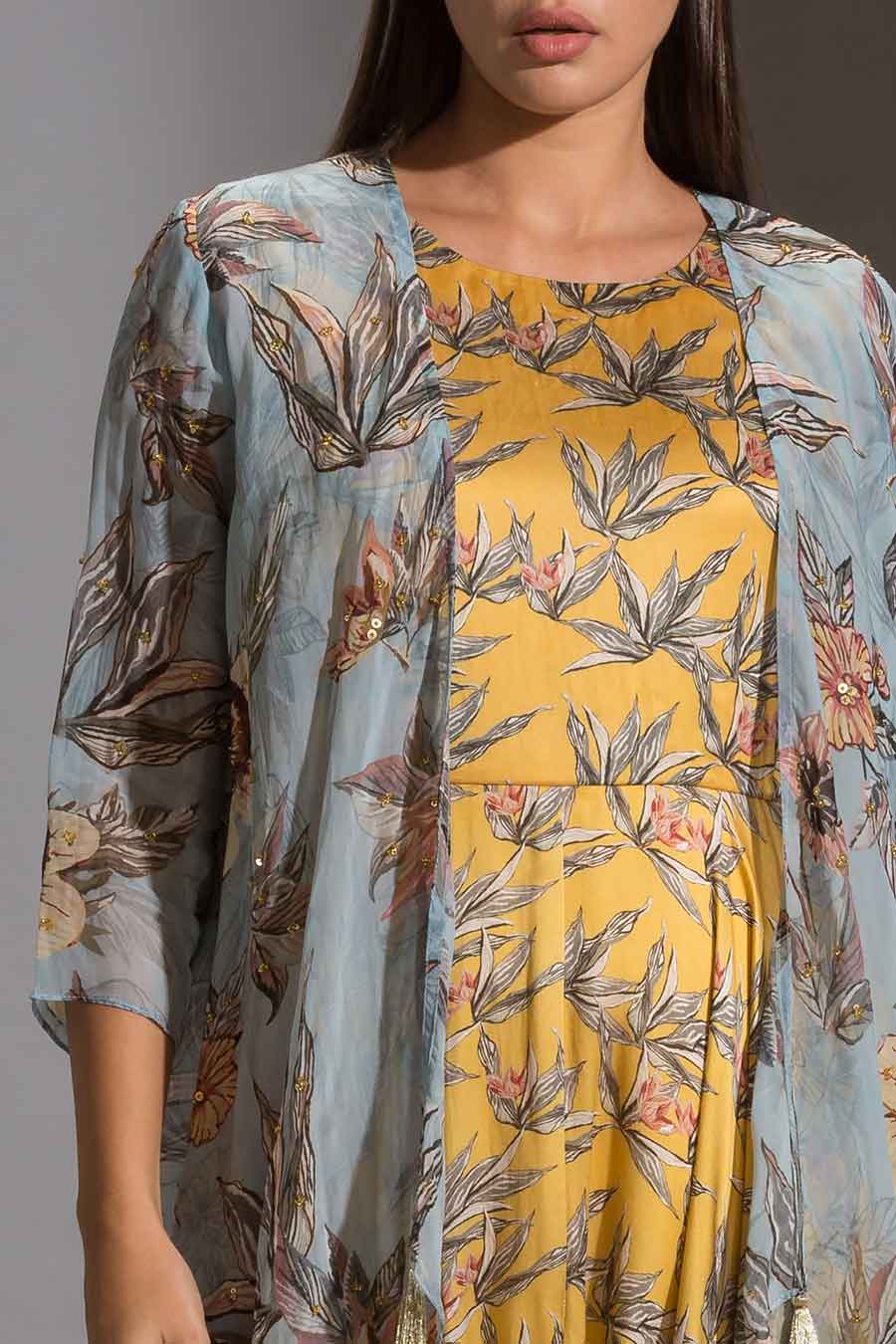 Floral Print Dhoti Jumpsuit & Jacket Set