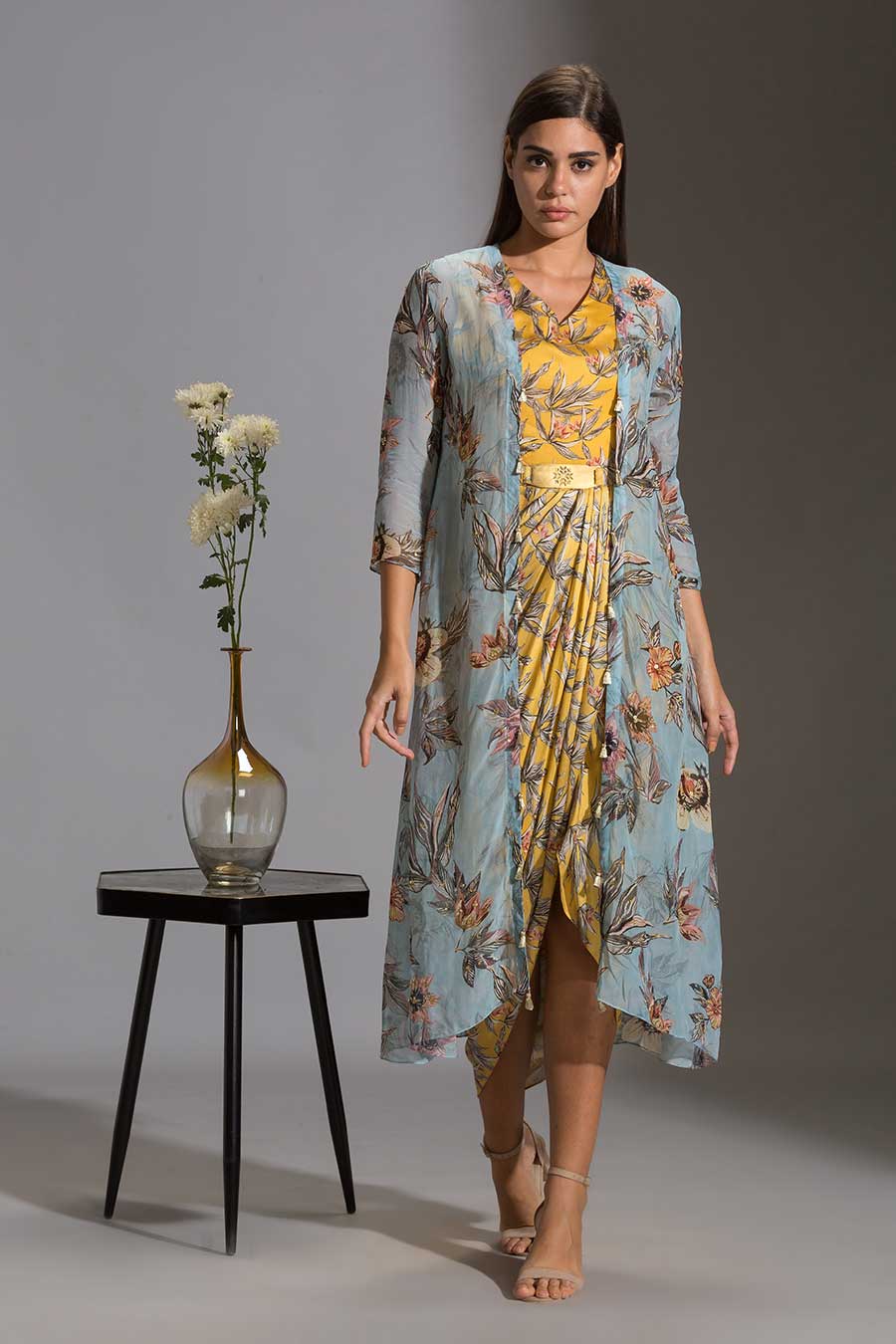 Floral Print Drape Dress & Jacket Set