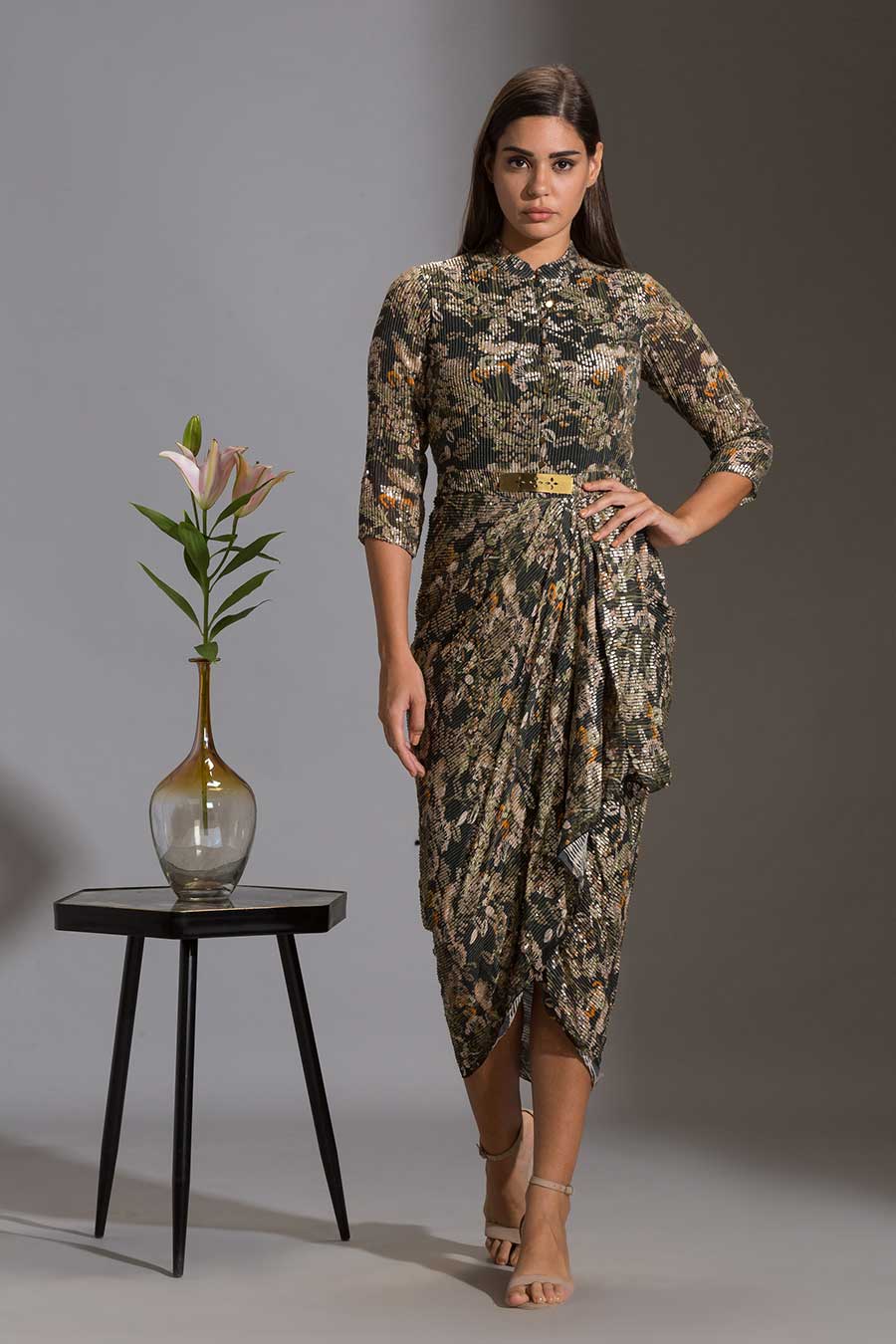 Green Sequin Embroidered Drape Dress