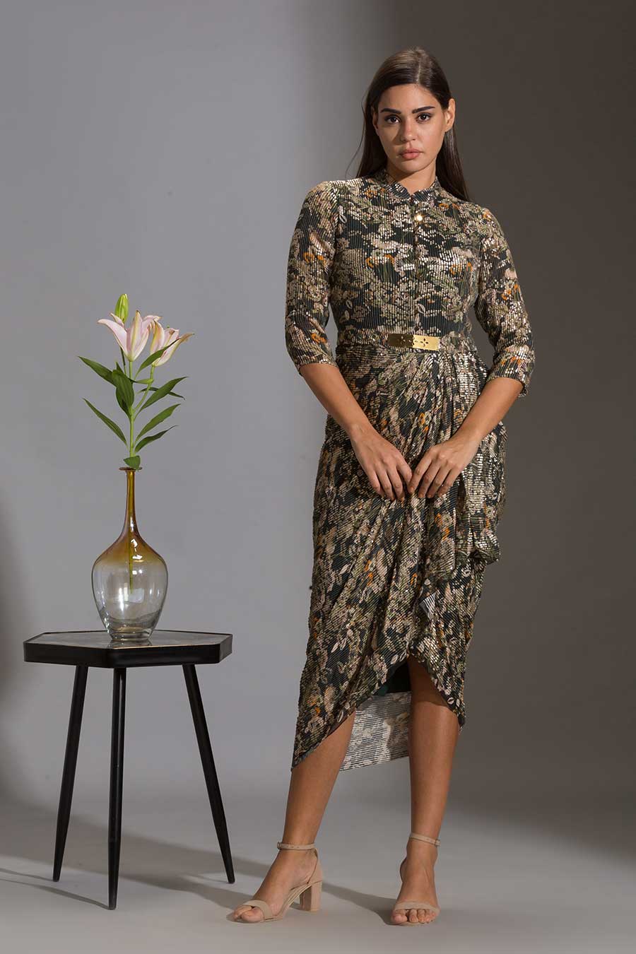 Green Sequin Embroidered Drape Dress
