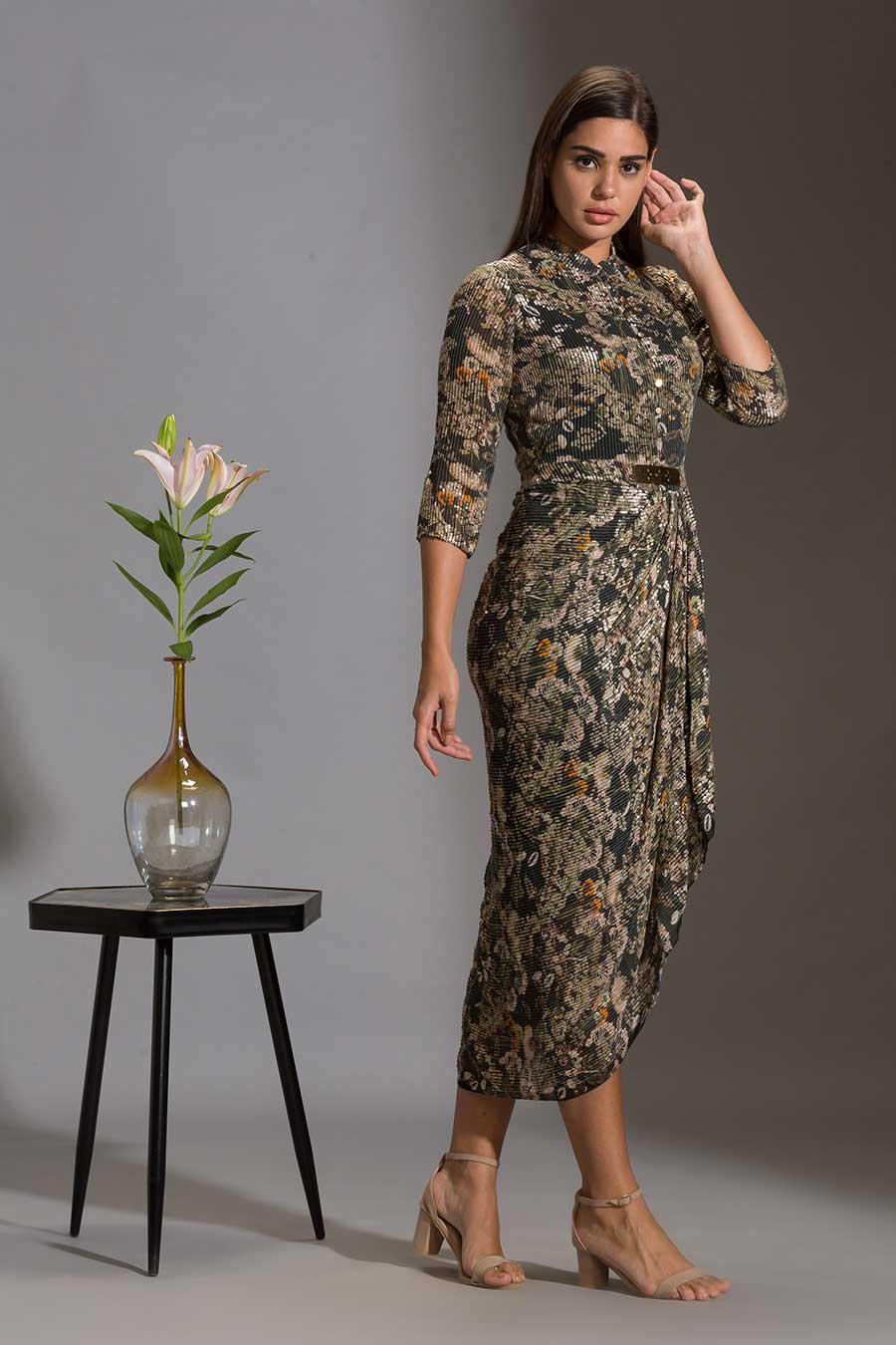 Green Sequin Embroidered Drape Dress