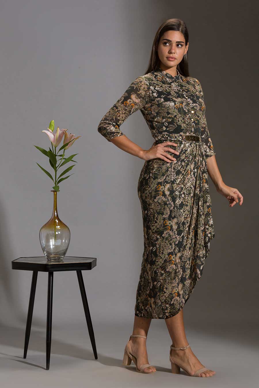 Green Sequin Embroidered Drape Dress