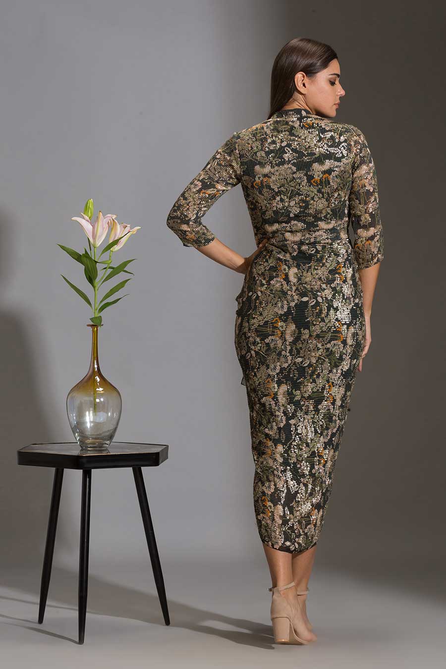 Green Sequin Embroidered Drape Dress