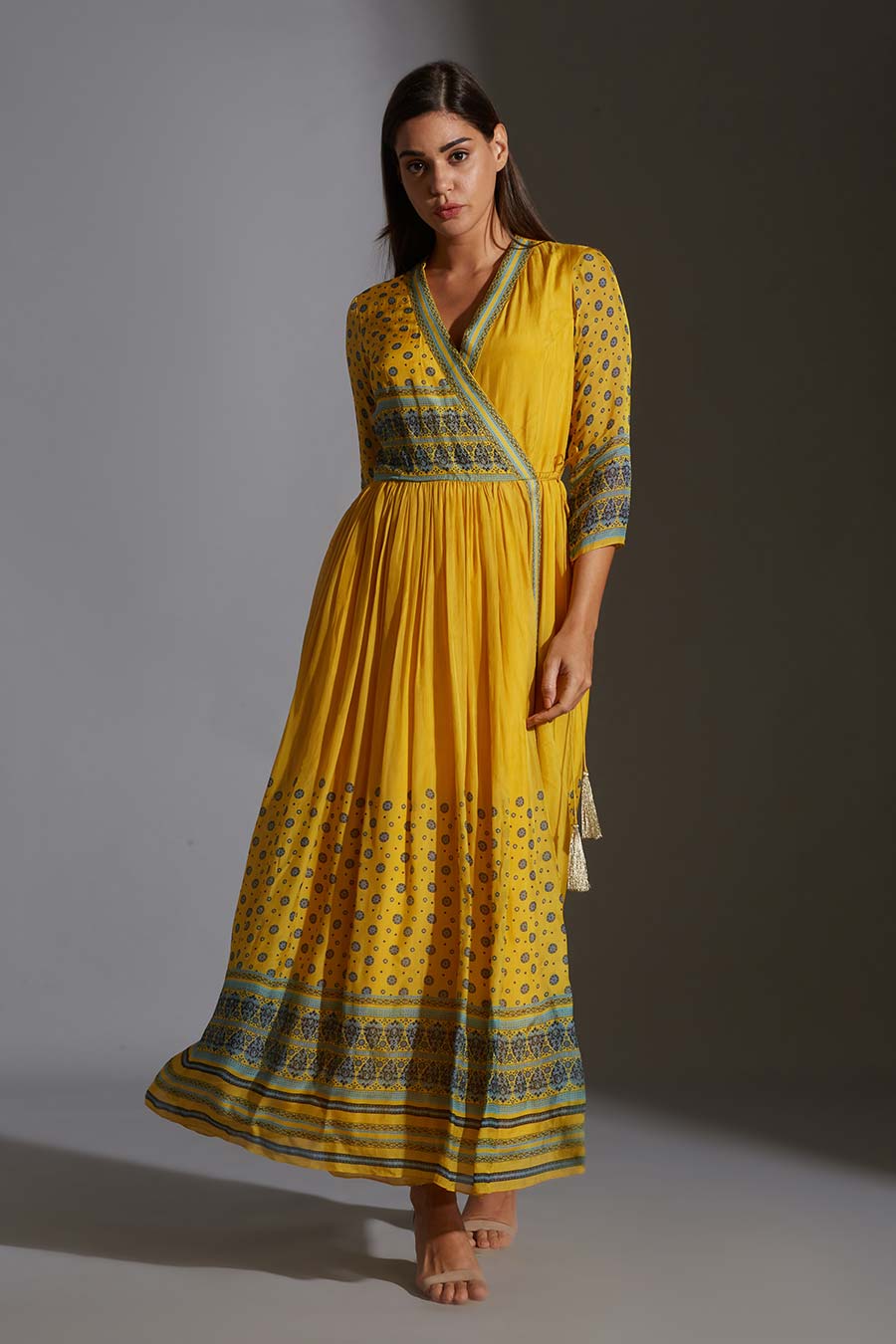 Yellow Printed Angrakha Dress