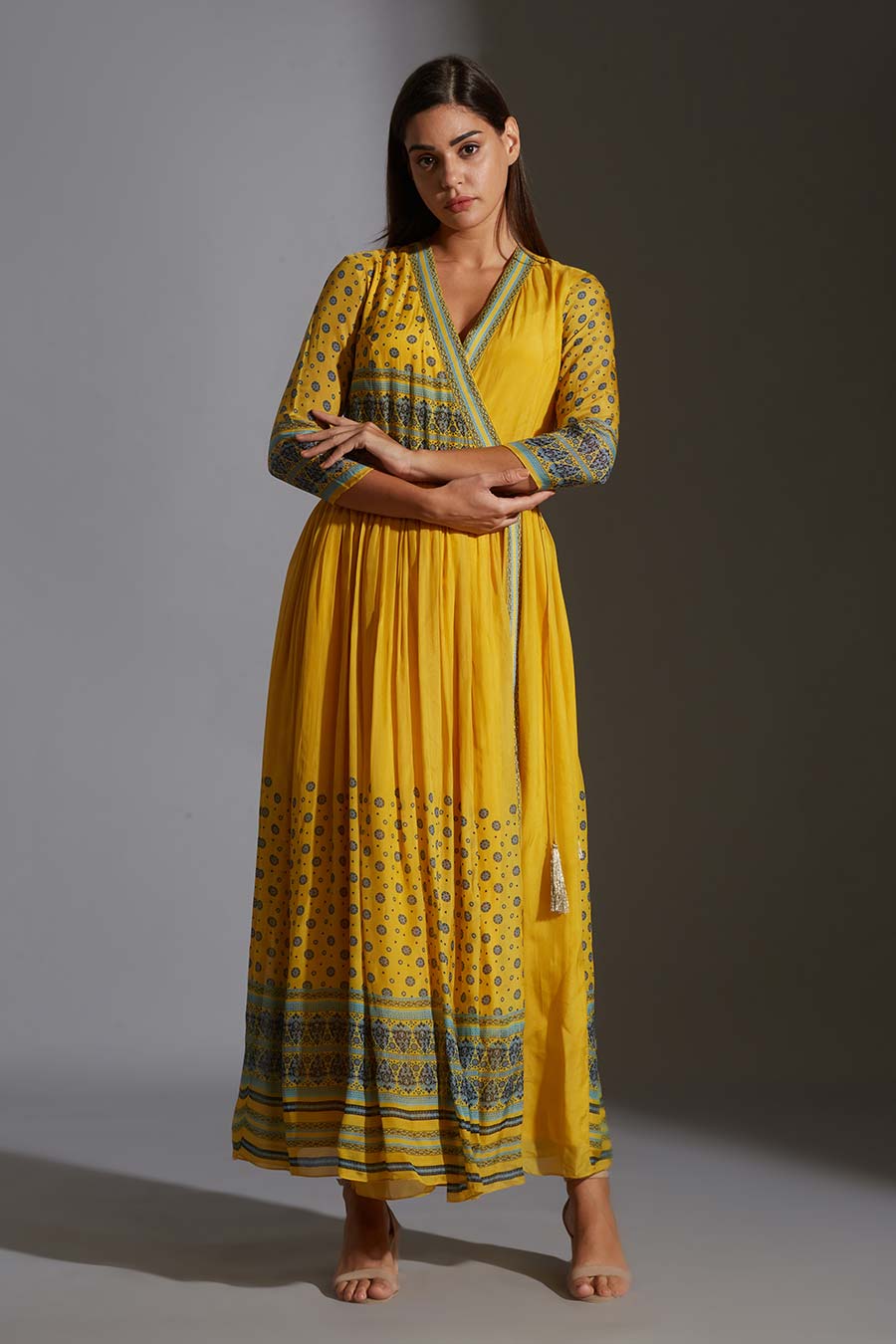 Yellow Printed Angrakha Dress