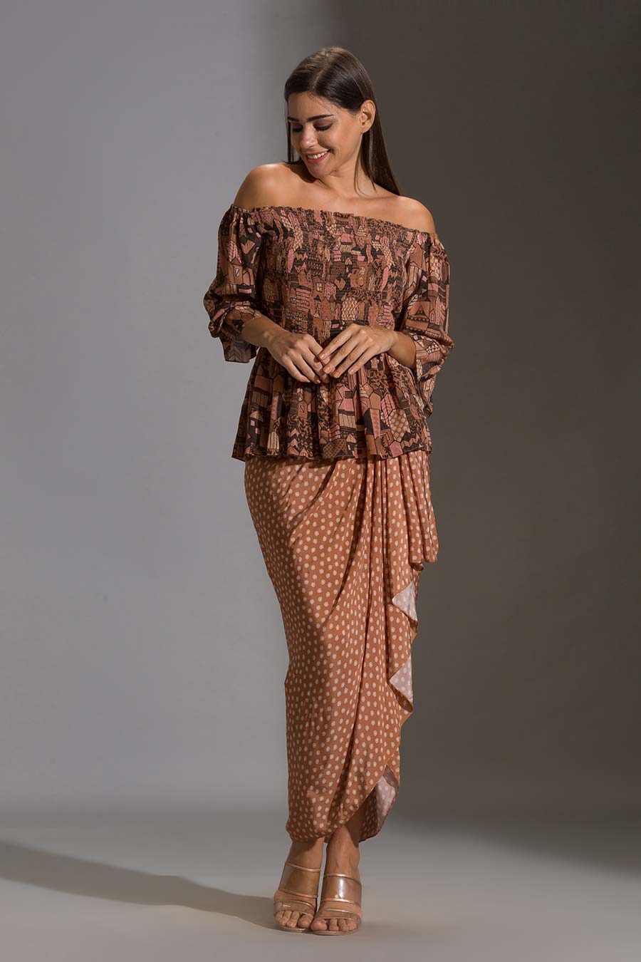 Printed Off-Shoulder Top & Dhoti Skirt Set