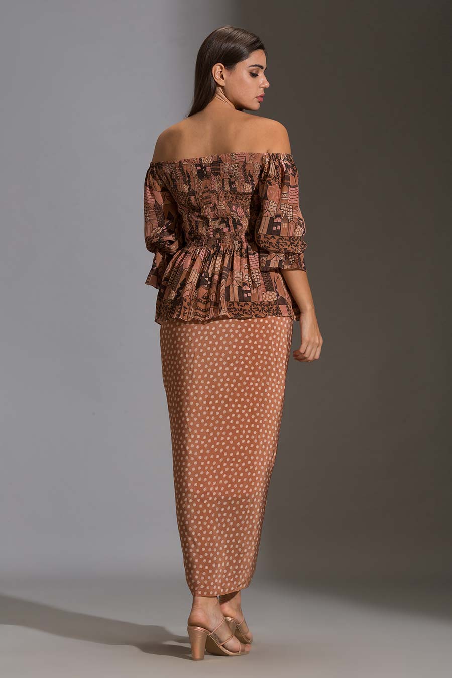 Printed Off-Shoulder Top & Dhoti Skirt Set