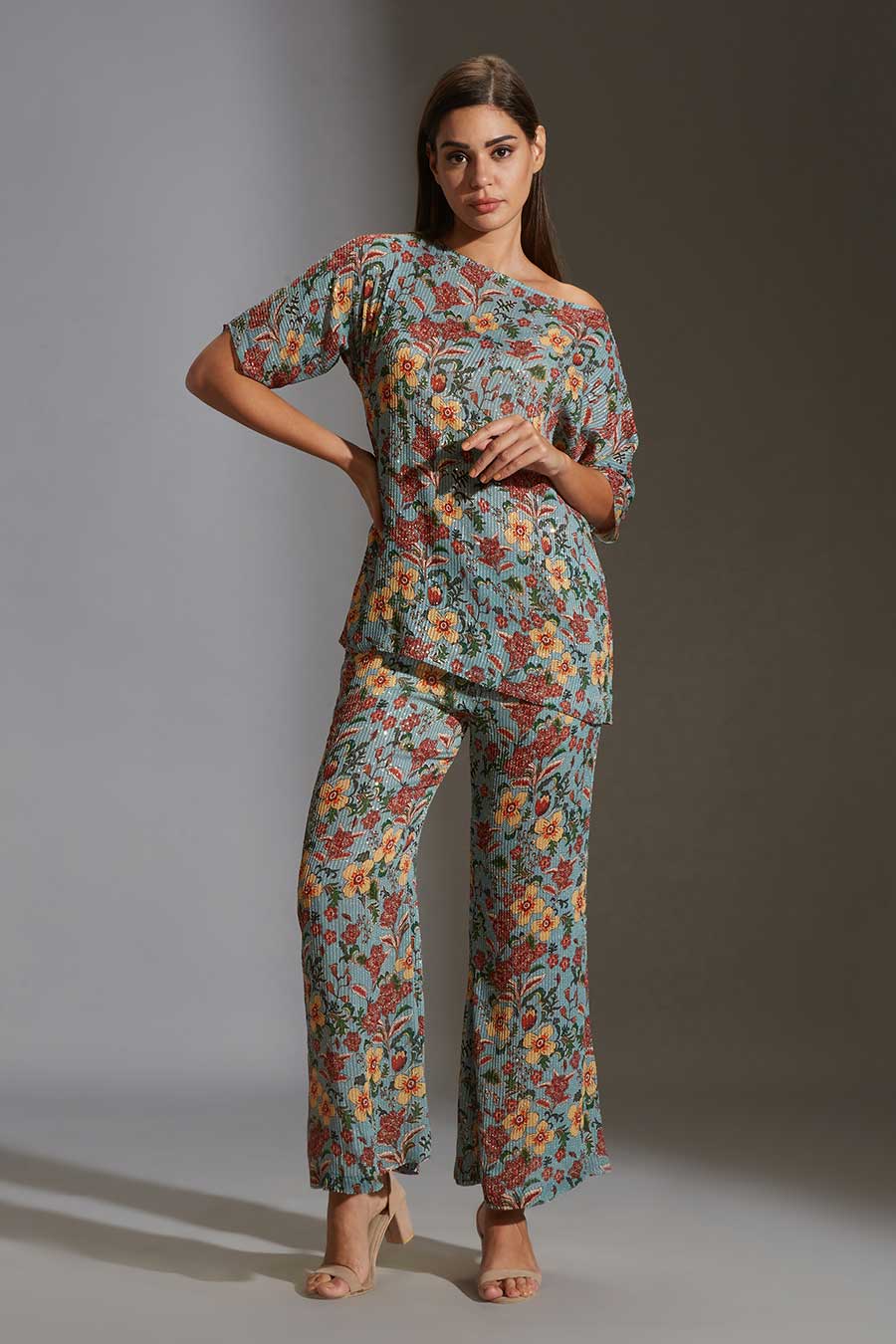 Floral Sequined Top & Pant Co-Ord Set