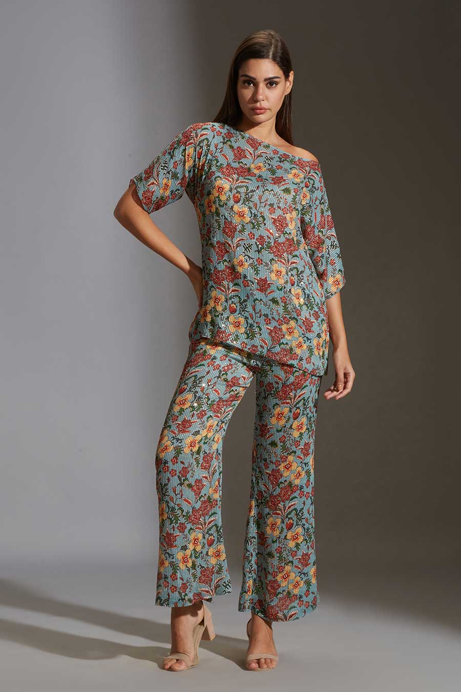 Floral Sequined Top & Pant Co-Ord Set