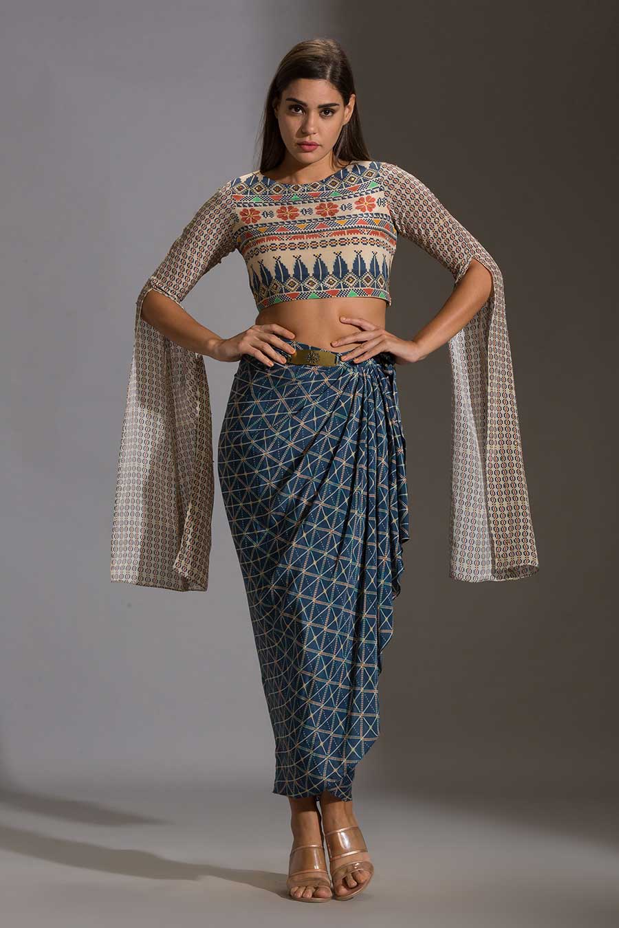 Printed Crop Top & Dhoti Skirt Set