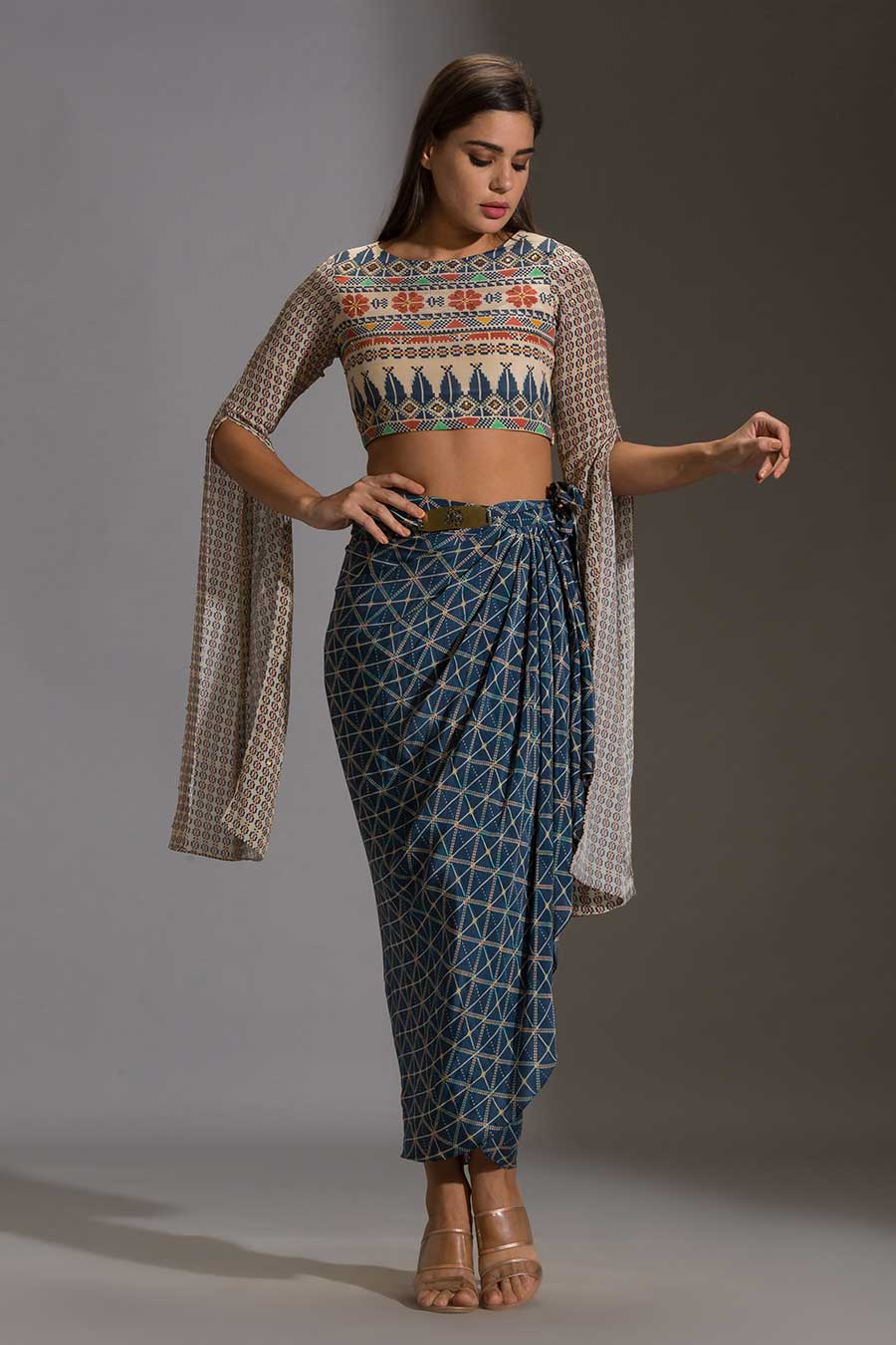 Printed Crop Top & Dhoti Skirt Set