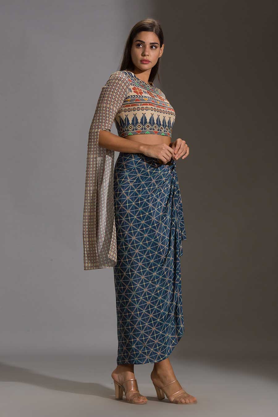 Printed Crop Top & Dhoti Skirt Set