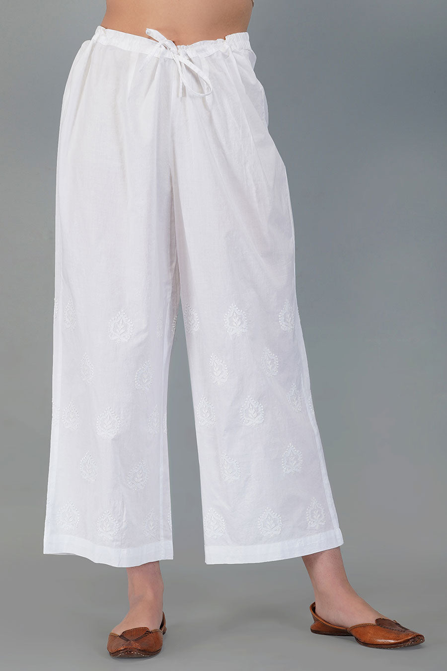 Buy White & Golden Gota Lucknowi Chikankari Stretchable Cotton Pant Online  at Kiko Clothing