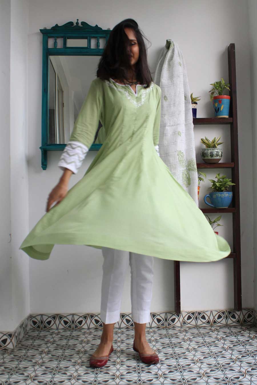 Green Kalidaar Chikankari Kurta