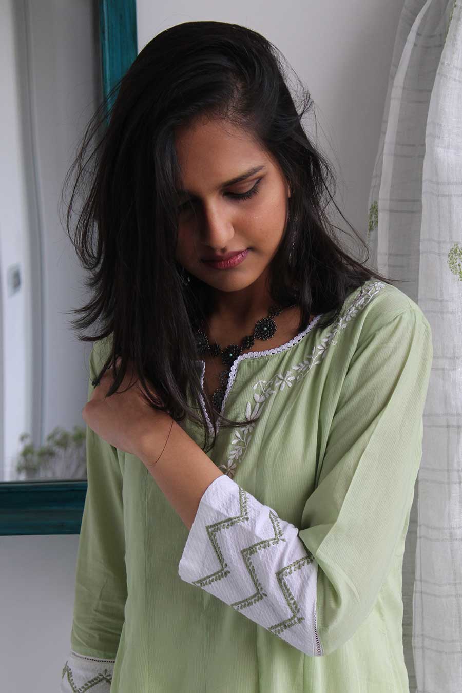 Green Kalidaar Chikankari Kurta