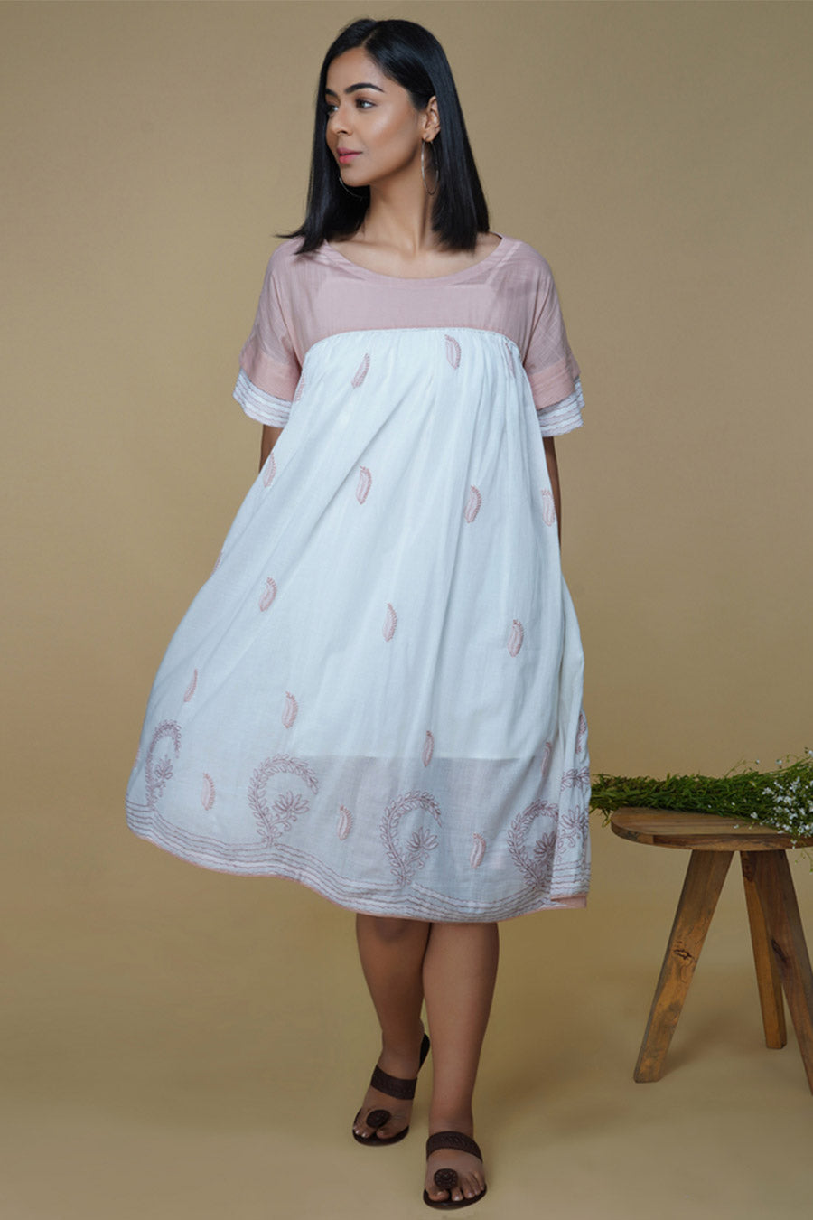 White Chikankari Embroidered Flared Dress