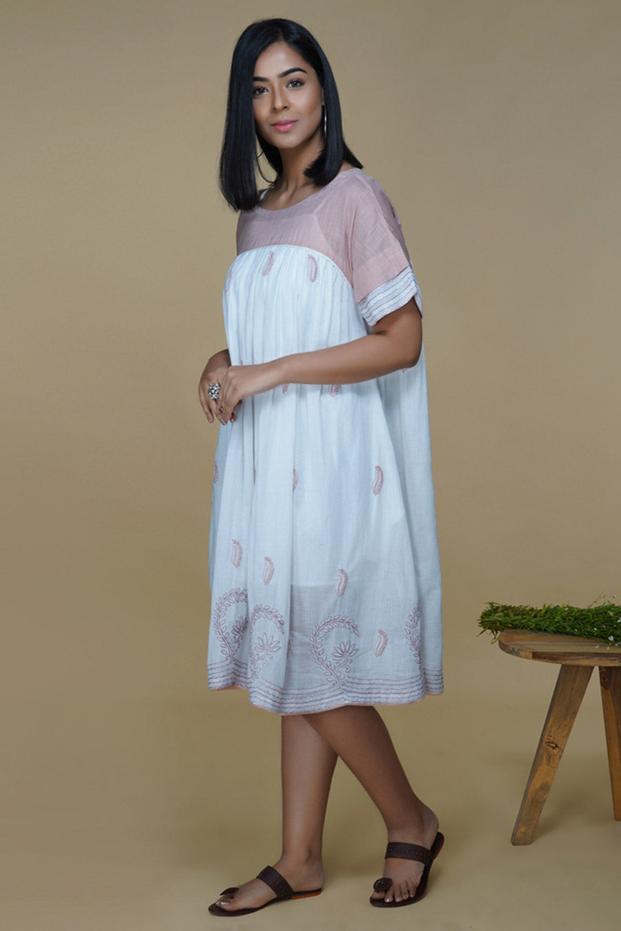 White Chikankari Embroidered Flared Dress