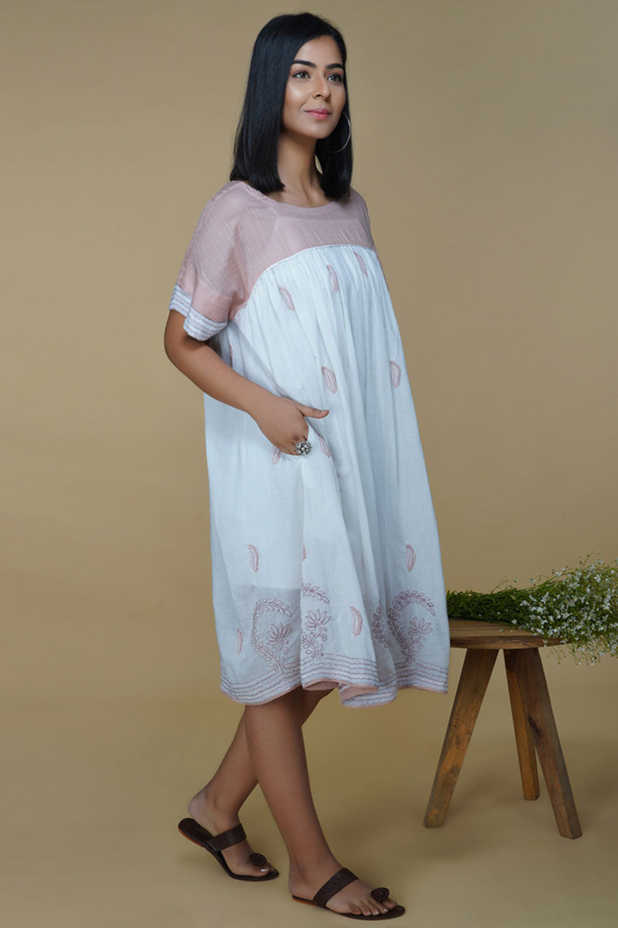 White Chikankari Embroidered Flared Dress