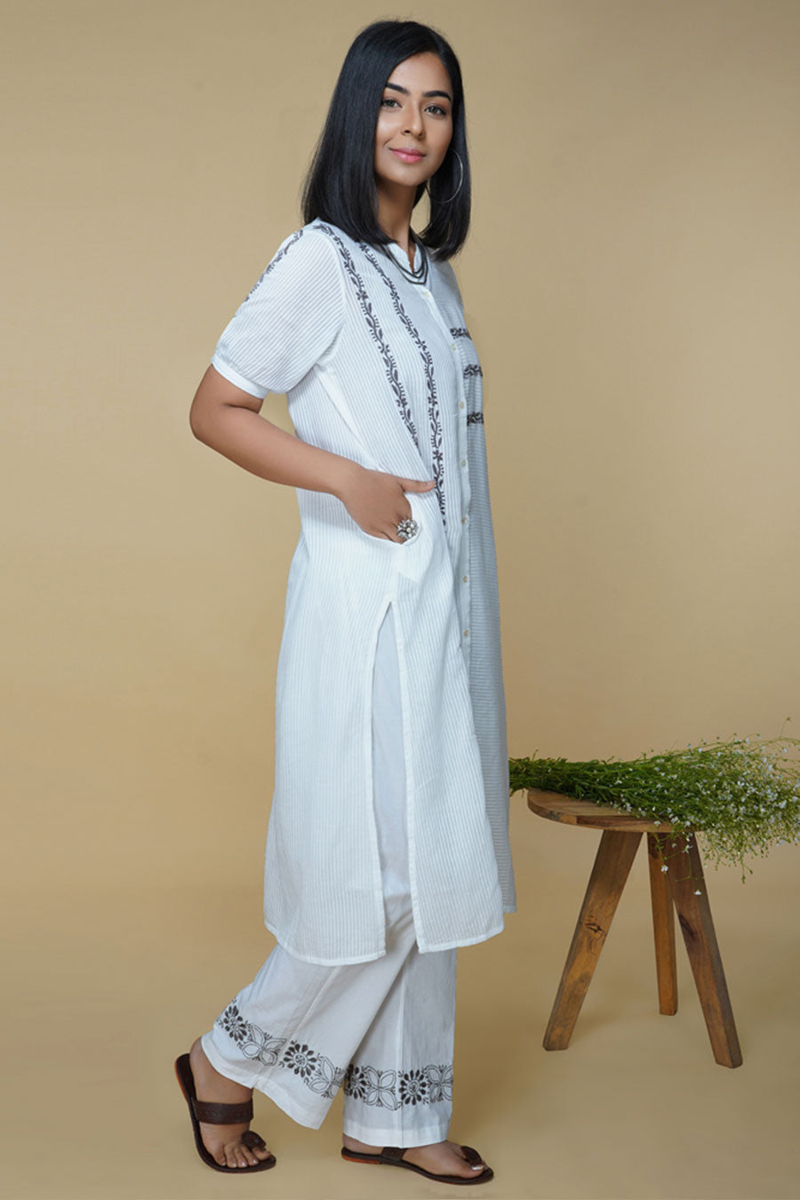 White Linear Hand Embroidered Kurta