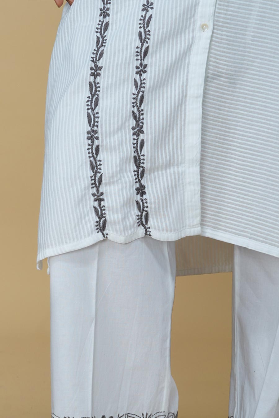 White Linear Hand Embroidered Kurta