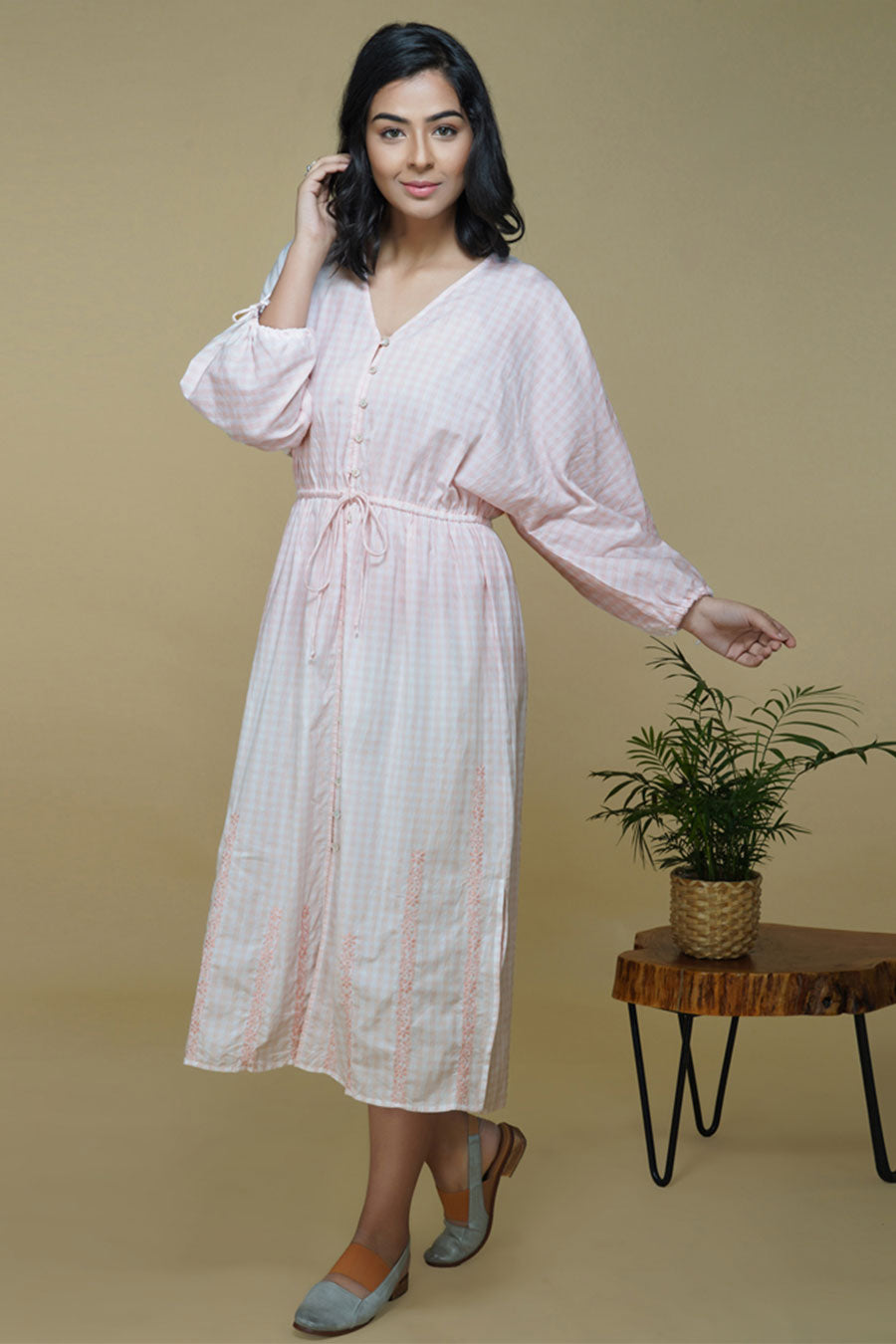 Pink Gingham Chikankari Embroidered Dress