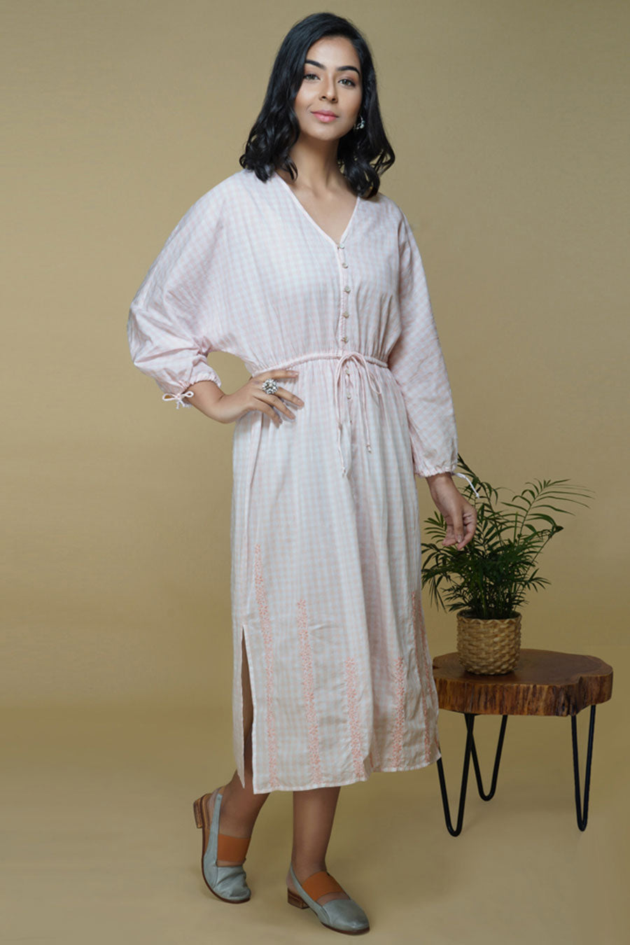 Pink Gingham Chikankari Embroidered Dress