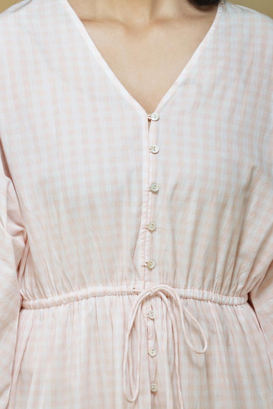Pink Gingham Chikankari Embroidered Dress