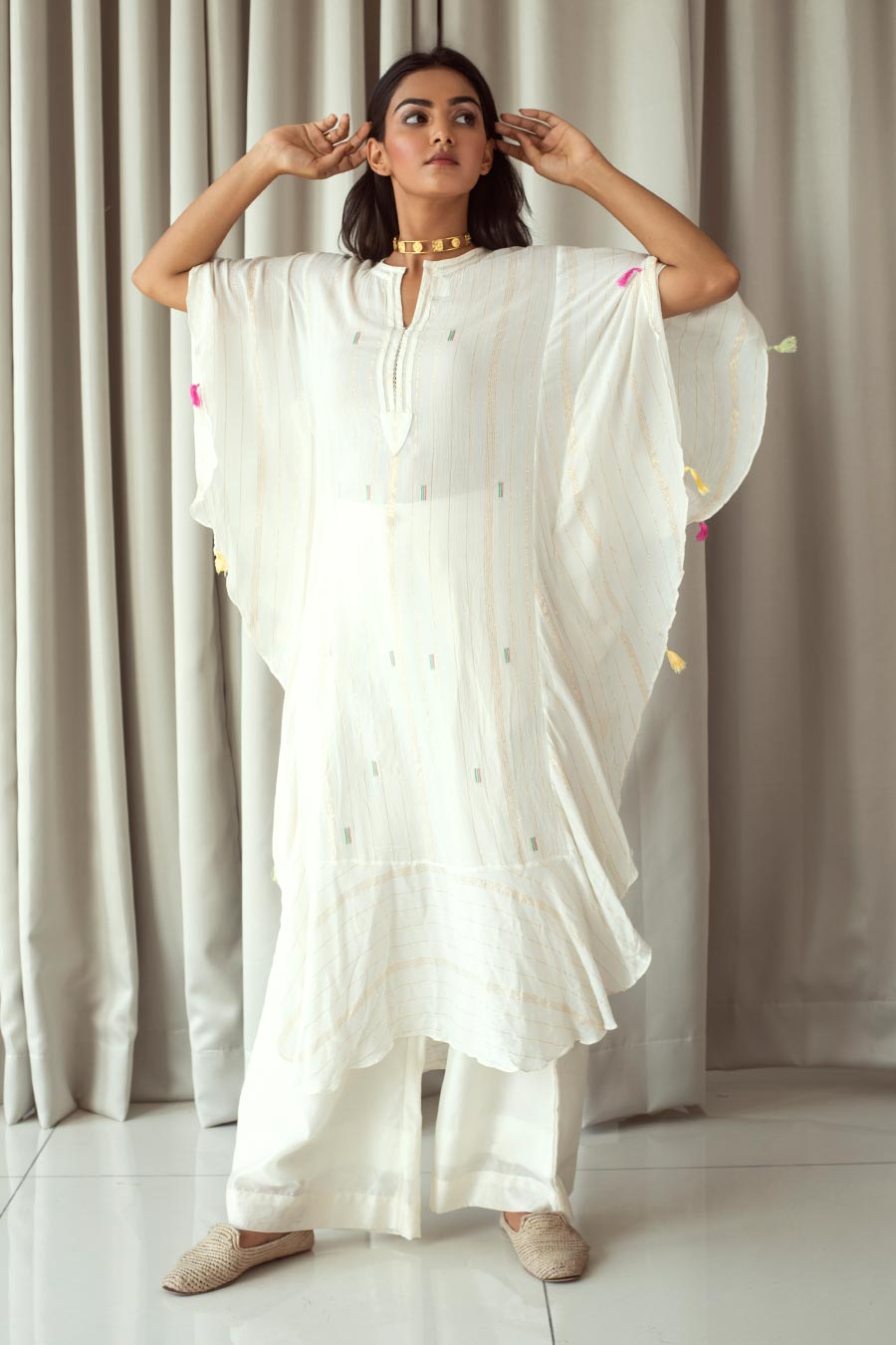 White Hand Embroidered Kaftan Tunic Top