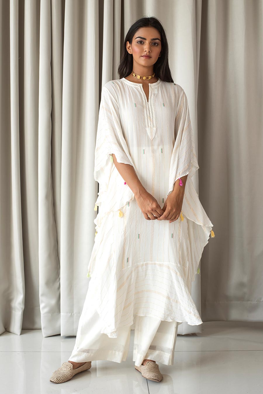 White Hand Embroidered Kaftan Tunic Top